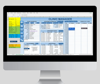 Excel-based clinic management app showing patient records, appointment scheduling, and billing dashboard for efficient clinic operations.