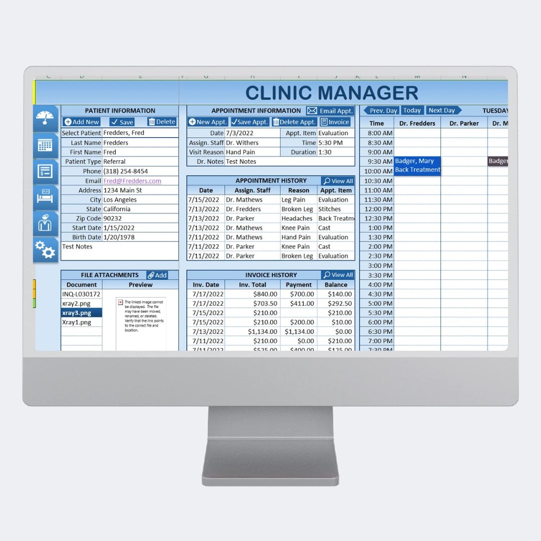 Clinic Manager Pro dashboard showing patient, billing, and appointment management forms for clinics and doctors