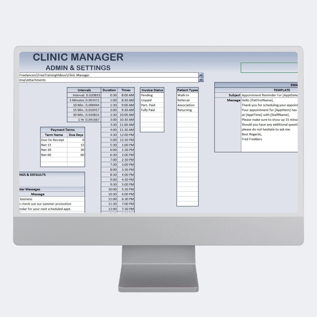 Clinic Manager Pro Excel dashboard showing patient files, staff records, call reminders, and data analysis pivots for clinics and doctors.